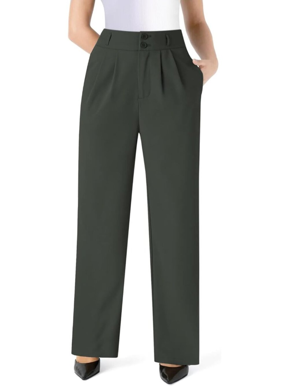 Women's Green Wide Straight Leg Casual Slacks Business Button Dress Pants